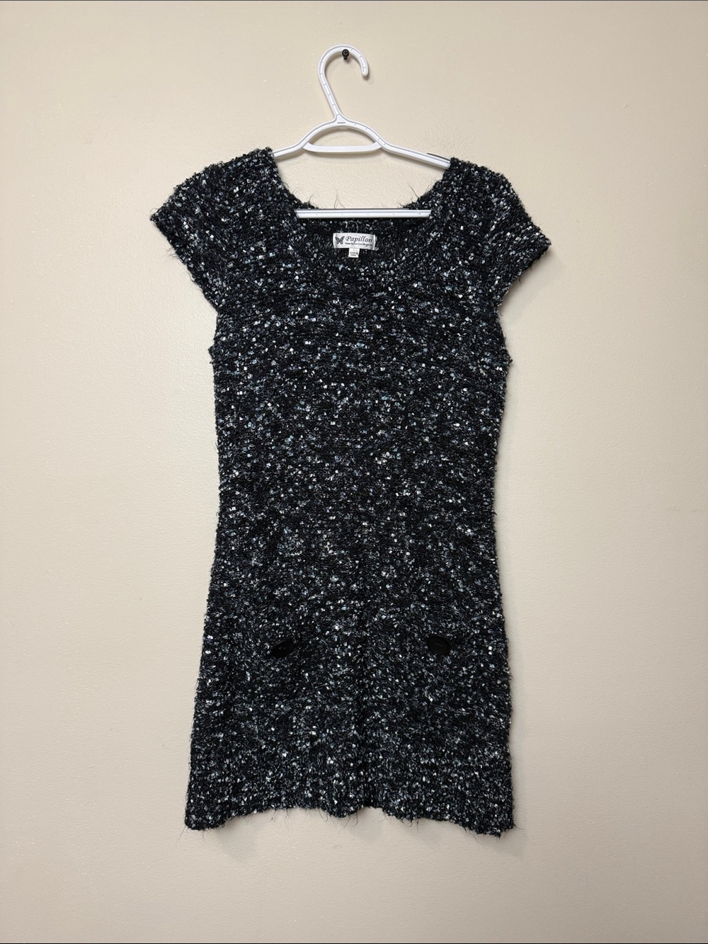 Papillon Blanc Black Speckled Knit Cap-Sleeve Dress size L